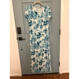 Bobbie Brooks Maxi Dress Tie Dye Teal Blue White Round Neck‎ Pullover 53" Long L